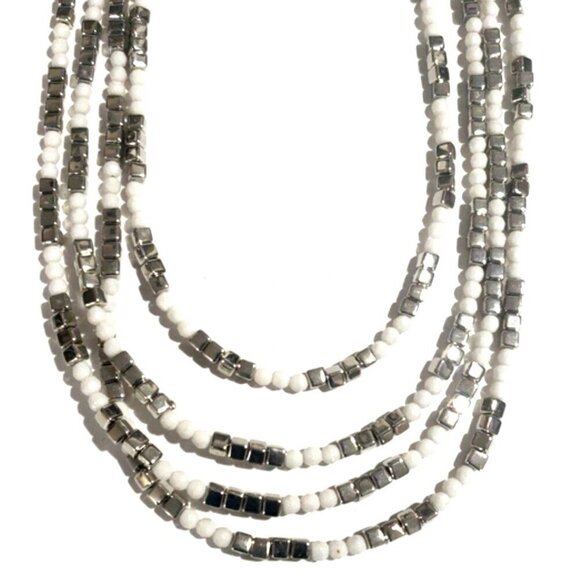 Elegant Layered Silver & White Bead Necklace – 32" Statement Fashion Jewelry - Picture 3 of 7